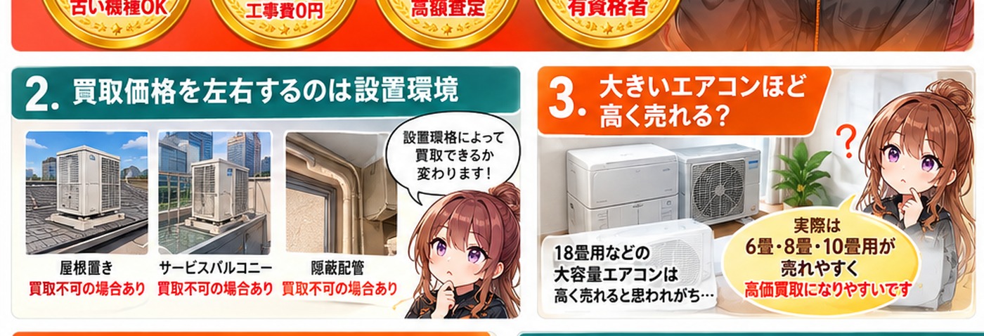 屋根置き・サービスバルコニー・隠蔽配管など設置環境と大型エアコンの査定イメージ